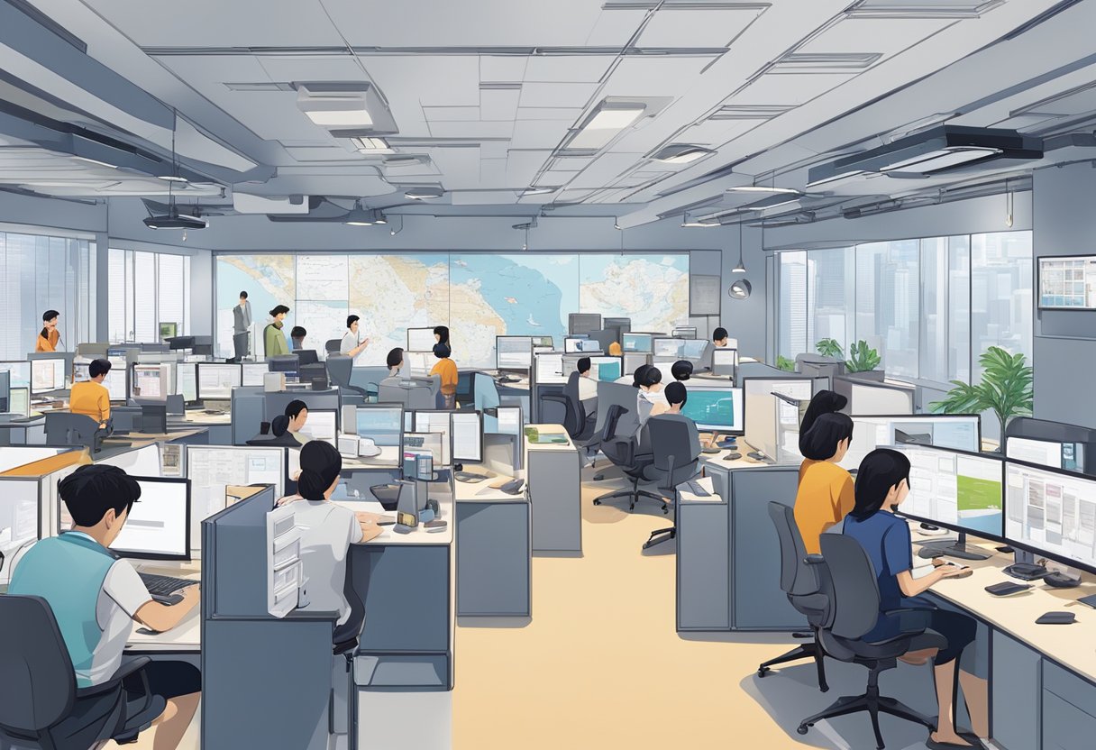 A bustling office space with people working at desks, computers, and phones. The walls are adorned with posters and screens display news and services from Zaobao Singapore