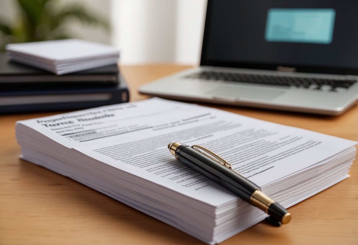 A stack of brochures with "Frequently Asked Questions" on top, surrounded by a computer, phone, and a pen, all on a desk