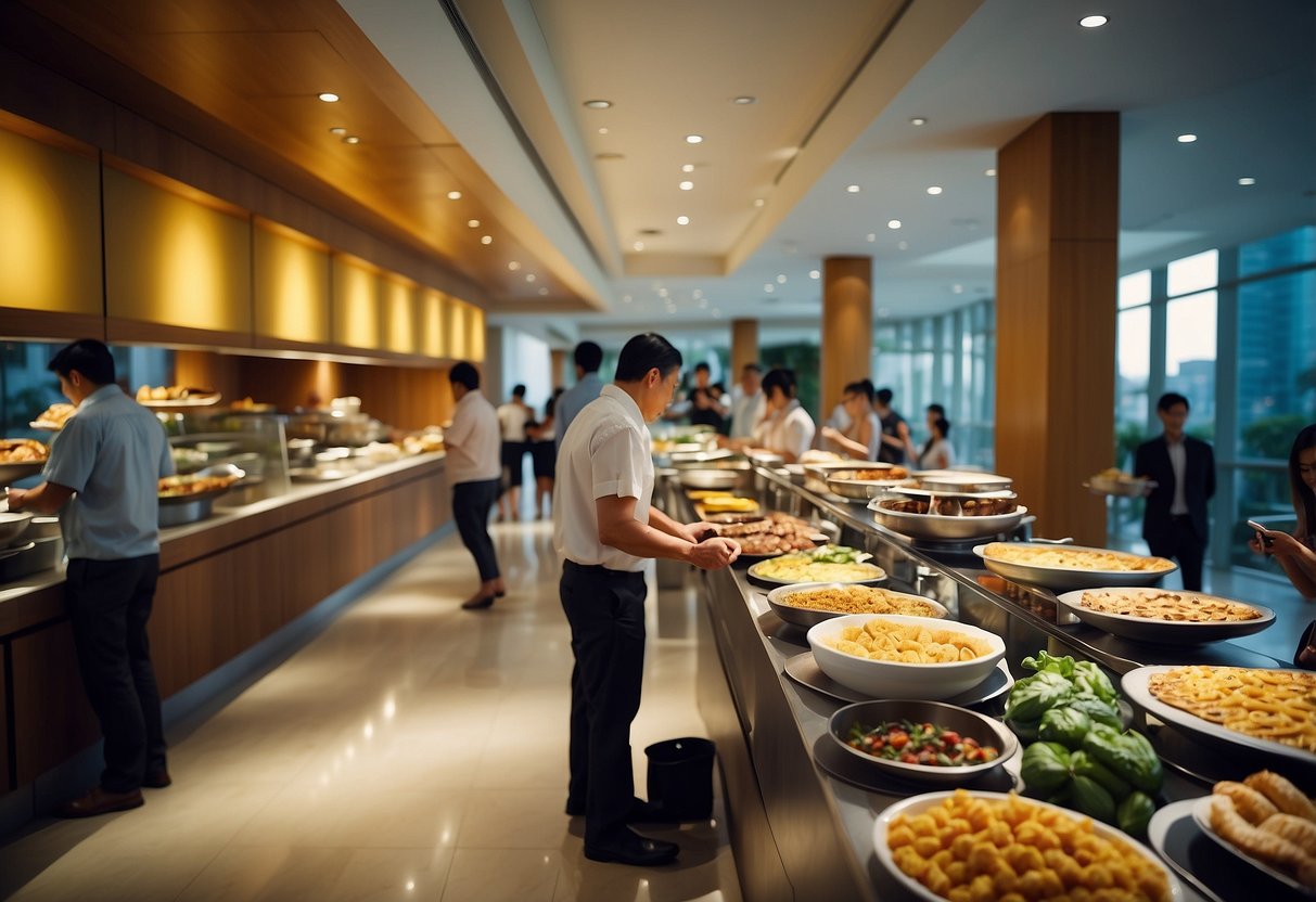 Guests selecting from a variety of local and international breakfast dishes at a vibrant and bustling buffet spread in a modern hotel in Singapore