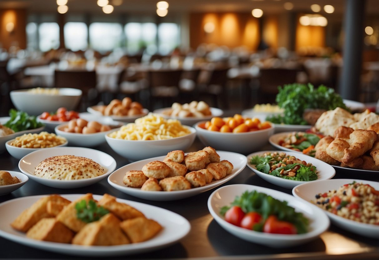 A lavish breakfast buffet spread with a variety of cuisines and dishes displayed on a long table in a bright and spacious dining area