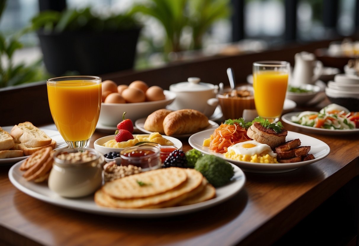 A breakfast buffet spread in Singapore with a variety of dishes and beverages neatly arranged on a long table