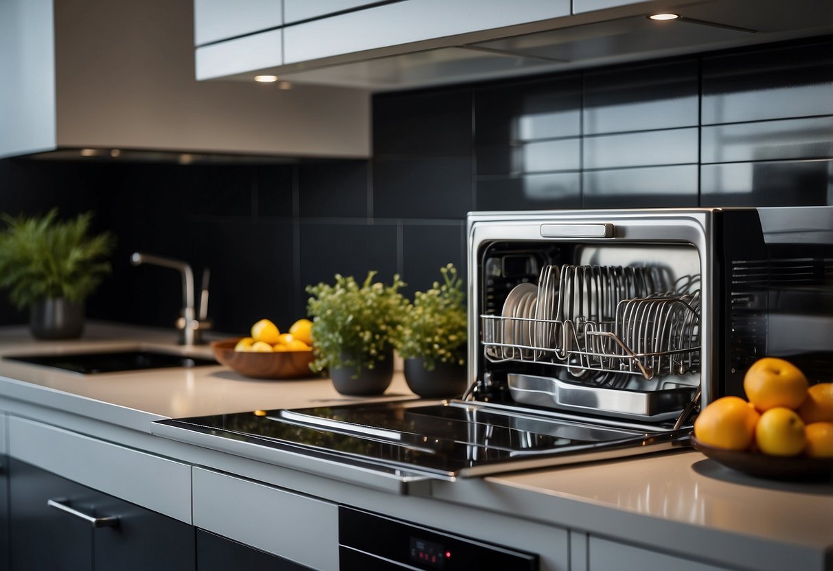 A modern kitchen with various dishwasher models displayed, showcasing their features and sizes for different home settings