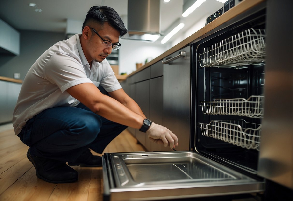 A technician installs and maintains a dishwasher in a Singapore kitchen