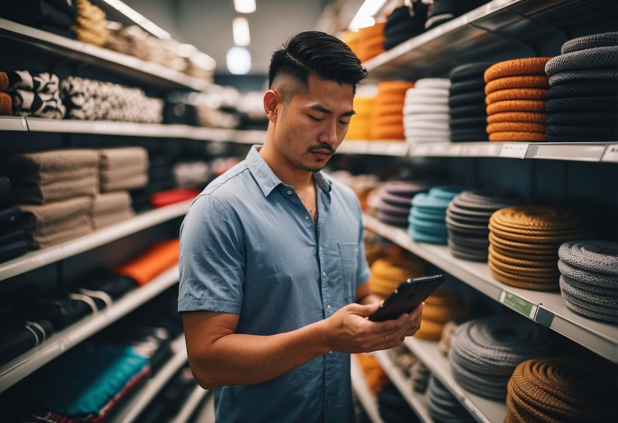 A customer browsing through shelves of car accessories in a well-lit and organized shop in Singapore. Various products are neatly displayed, including car mats, seat covers, and air fresheners