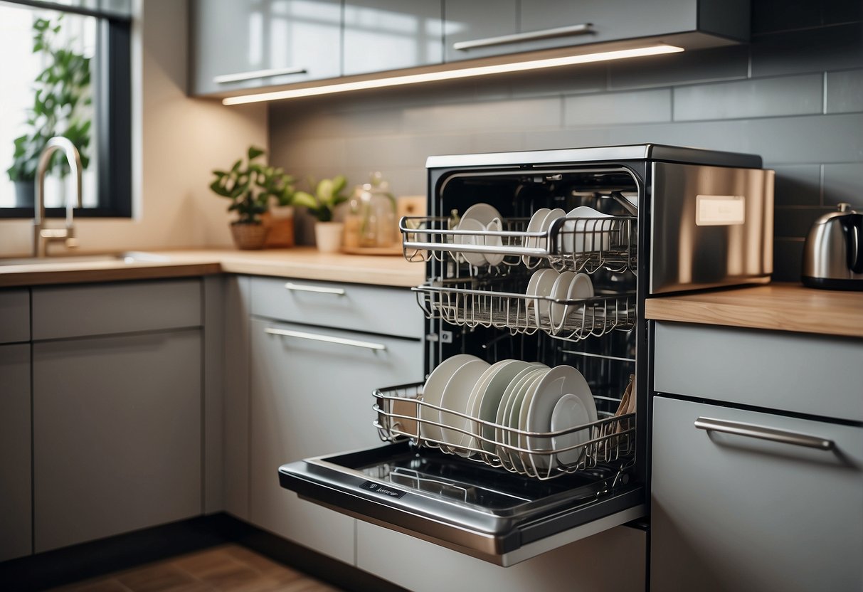 A modern dishwasher in a sleek kitchen, with a stack of clean dishes inside and a label reading "Frequently Asked Questions dishwasher singapore" nearby