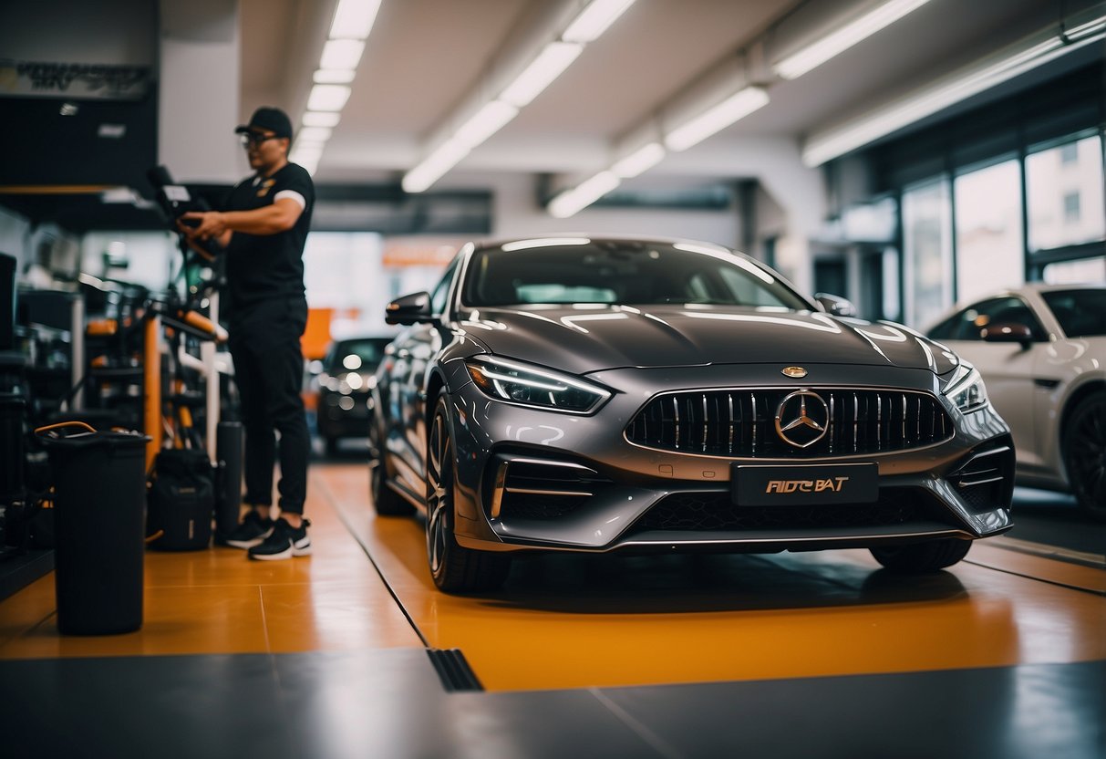 A car being fitted with performance-enhancing and comfort-boosting accessories at a shop in Singapore