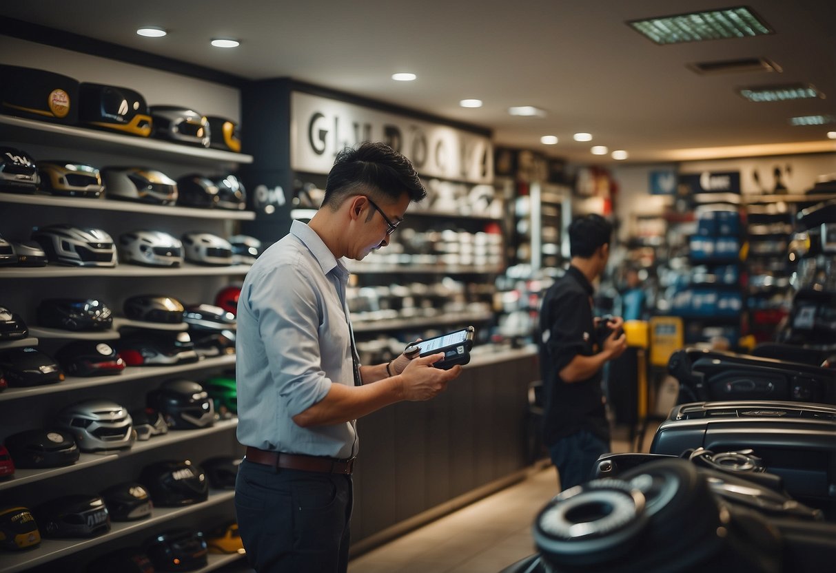 Customers browsing shelves of car accessories, a salesperson assisting, and a sign displaying "Frequently Asked Questions" in a Singapore car accessories shop