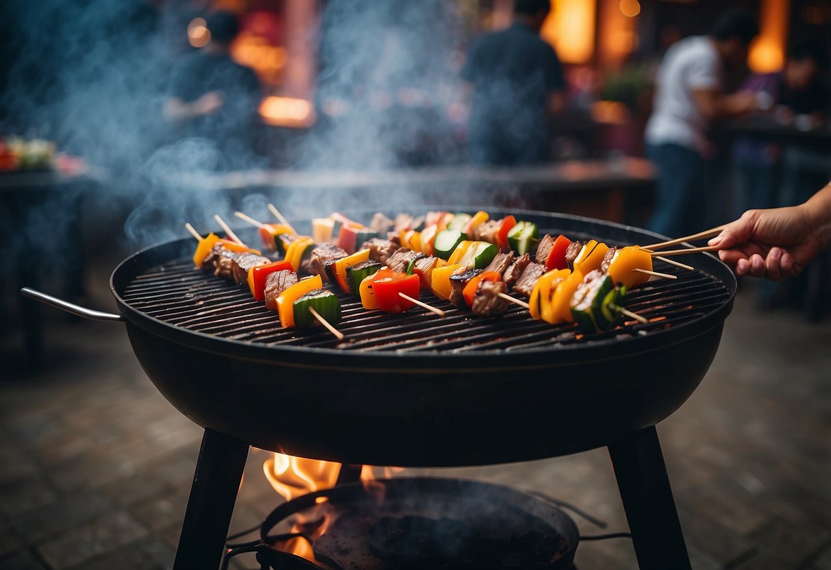 A sizzling BBQ grill surrounded by colorful skewers and smoke at Chang BBQ Singapore