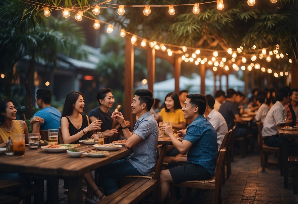 People enjoying BBQ at Chang BBQ in Singapore. Grilled food, smoke, and lively atmosphere. Outdoor seating with string lights