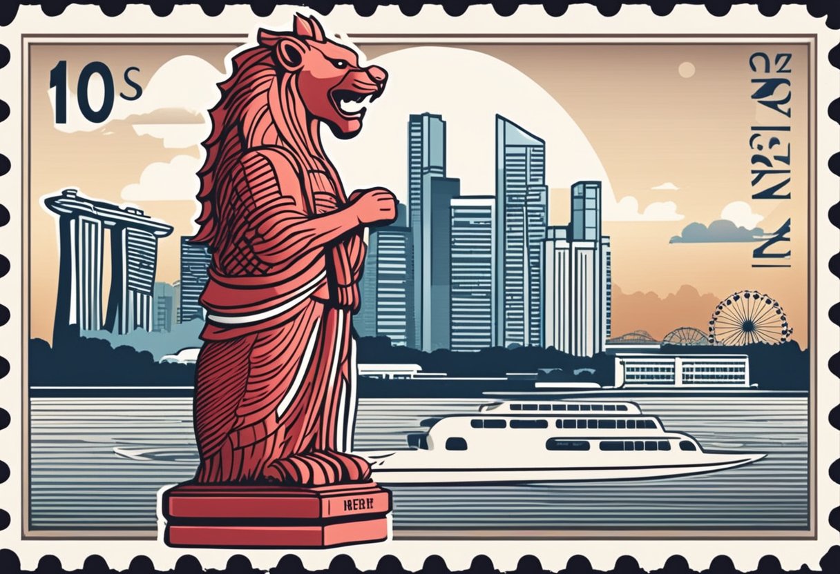 A red and white Singapore stamp with the iconic Merlion and city skyline