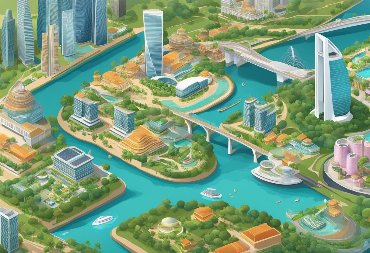A bustling cityscape with iconic landmarks like the Marina Bay Sands, Gardens by the Bay, and bustling streets filled with diverse cultures and cuisines