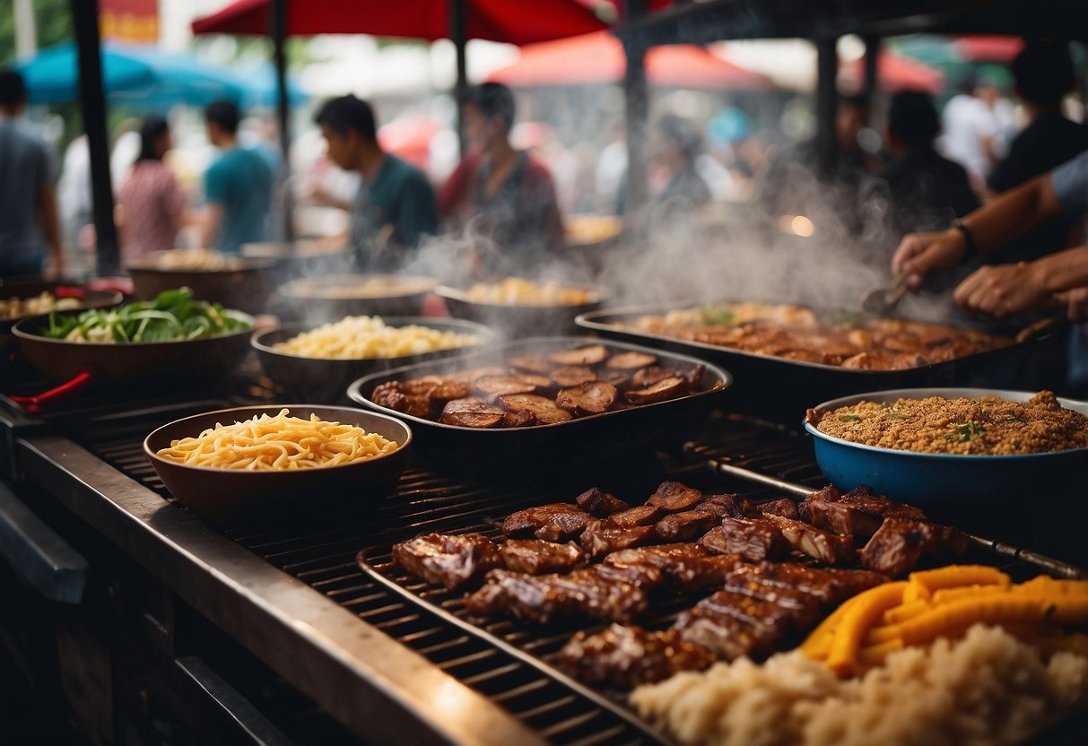 A bustling outdoor market with colorful stalls and the aroma of sizzling barbecue filling the air at Essentials Chang BBQ in Singapore