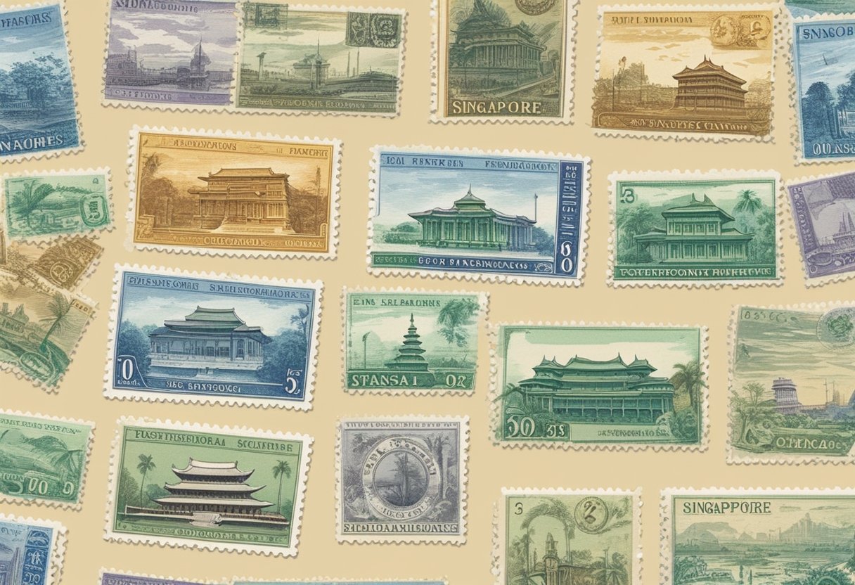 A collection of Singapore stamps from different historical periods displayed on a table