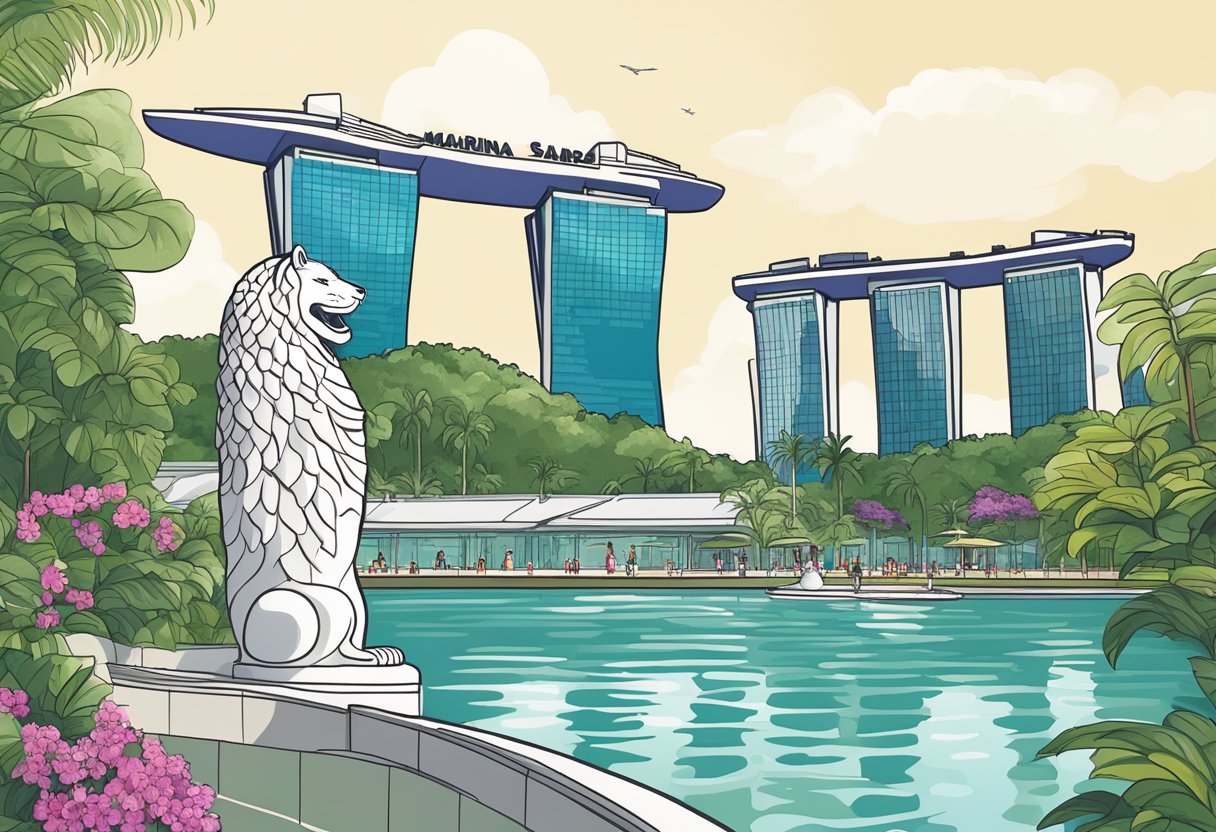 The iconic Marina Bay Sands and its infinity pool overlooking the city skyline, with the Merlion statue and Gardens by the Bay in the background