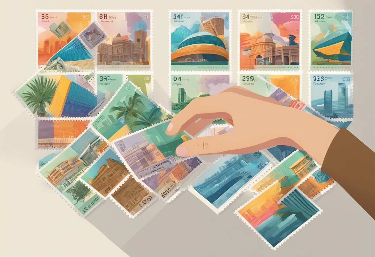 A hand reaching out to collect colorful Singapore stamps from a display