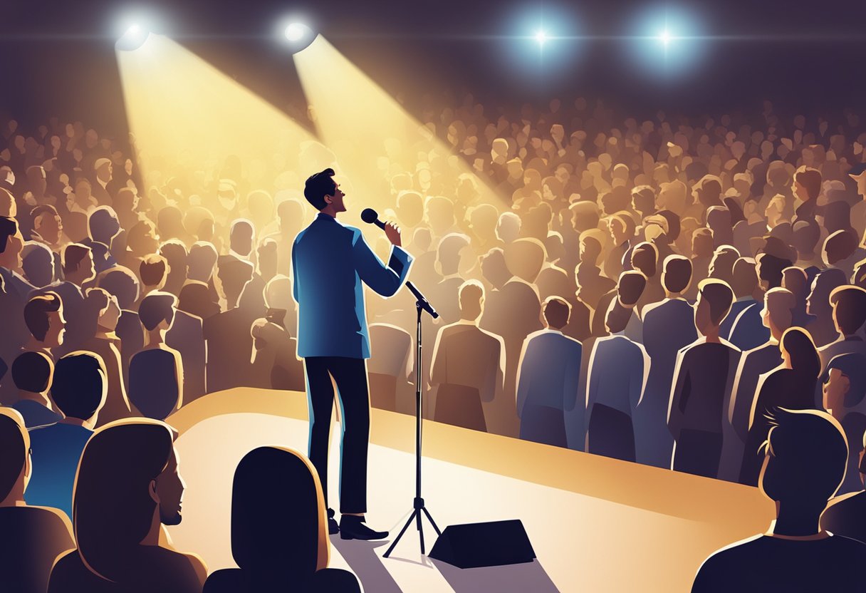 A spotlight shines on a mic center stage, with a laughing audience in the background