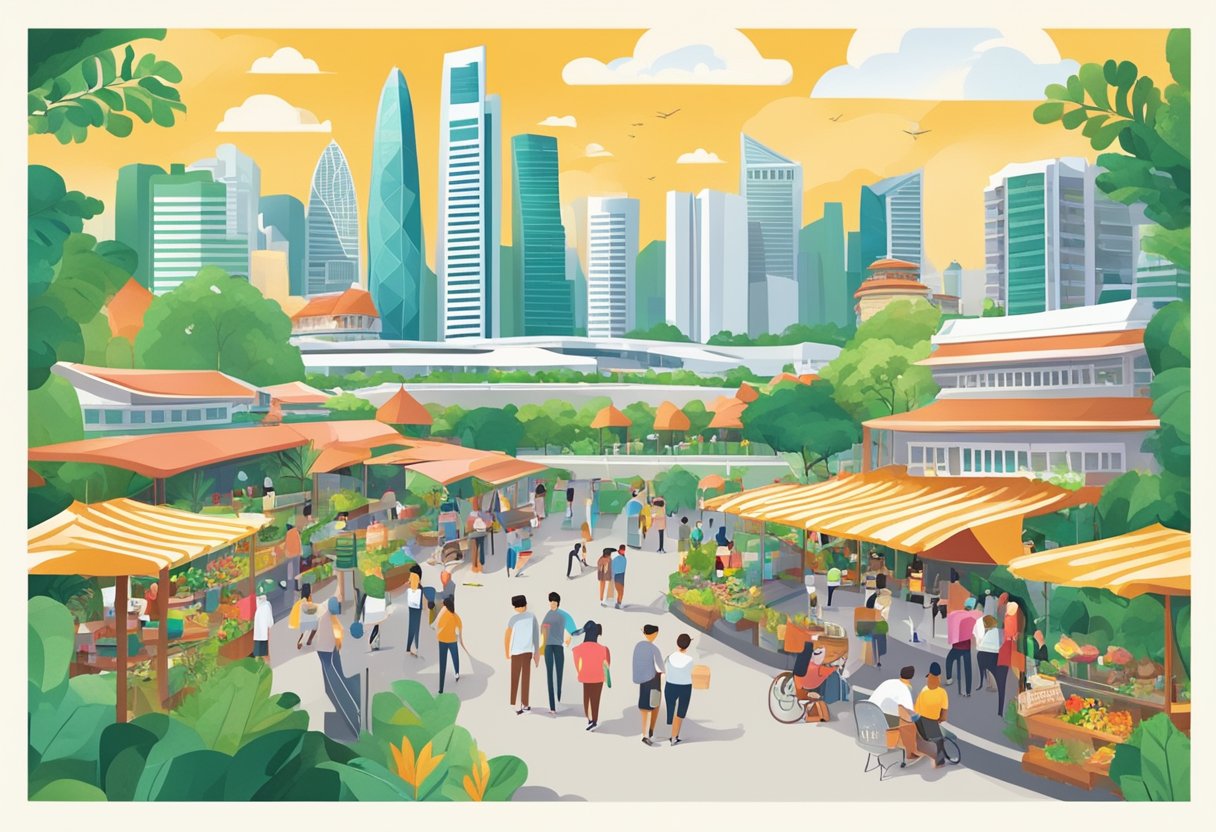 A bustling cityscape with iconic landmarks, lush green parks, and vibrant street markets, showcasing the diverse leisure and lifestyle offerings of Singapore tourism