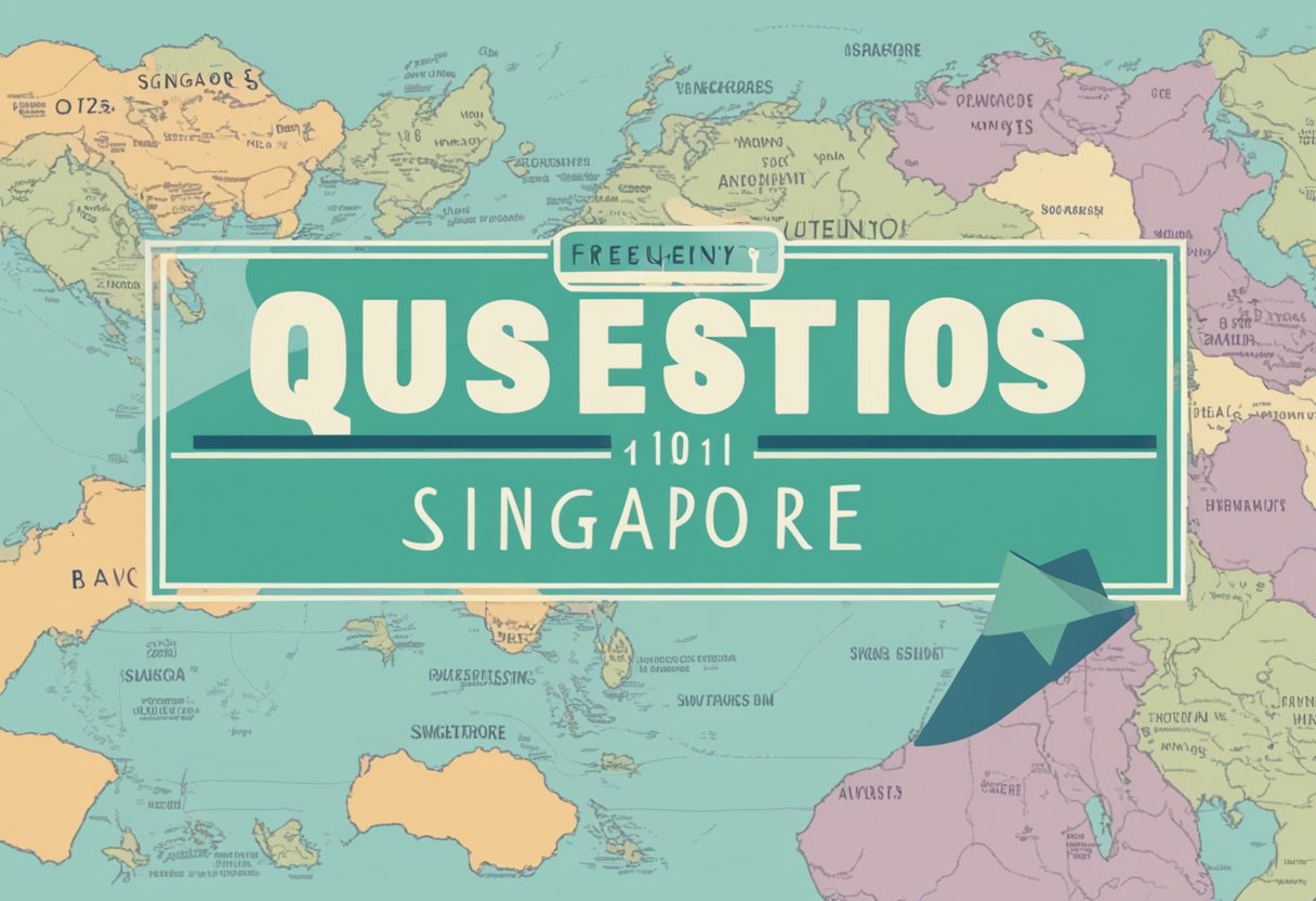 A hand holding a stamp with "Frequently Asked Questions Singapore" text, surrounded by question marks and a map of Singapore in the background