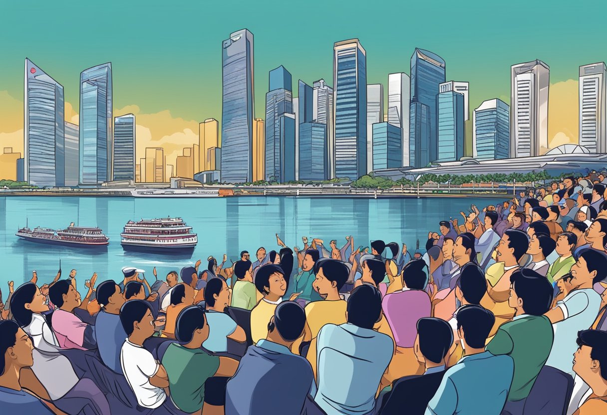 Audience laughing, spotlight on stage, mic stand, comedian performing, backdrop of Singapore skyline
