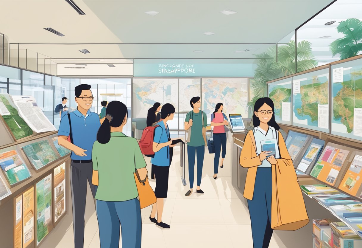 A bustling Singapore tourism office with a line of visitors, maps and brochures on display, and a helpful staff member assisting a customer
