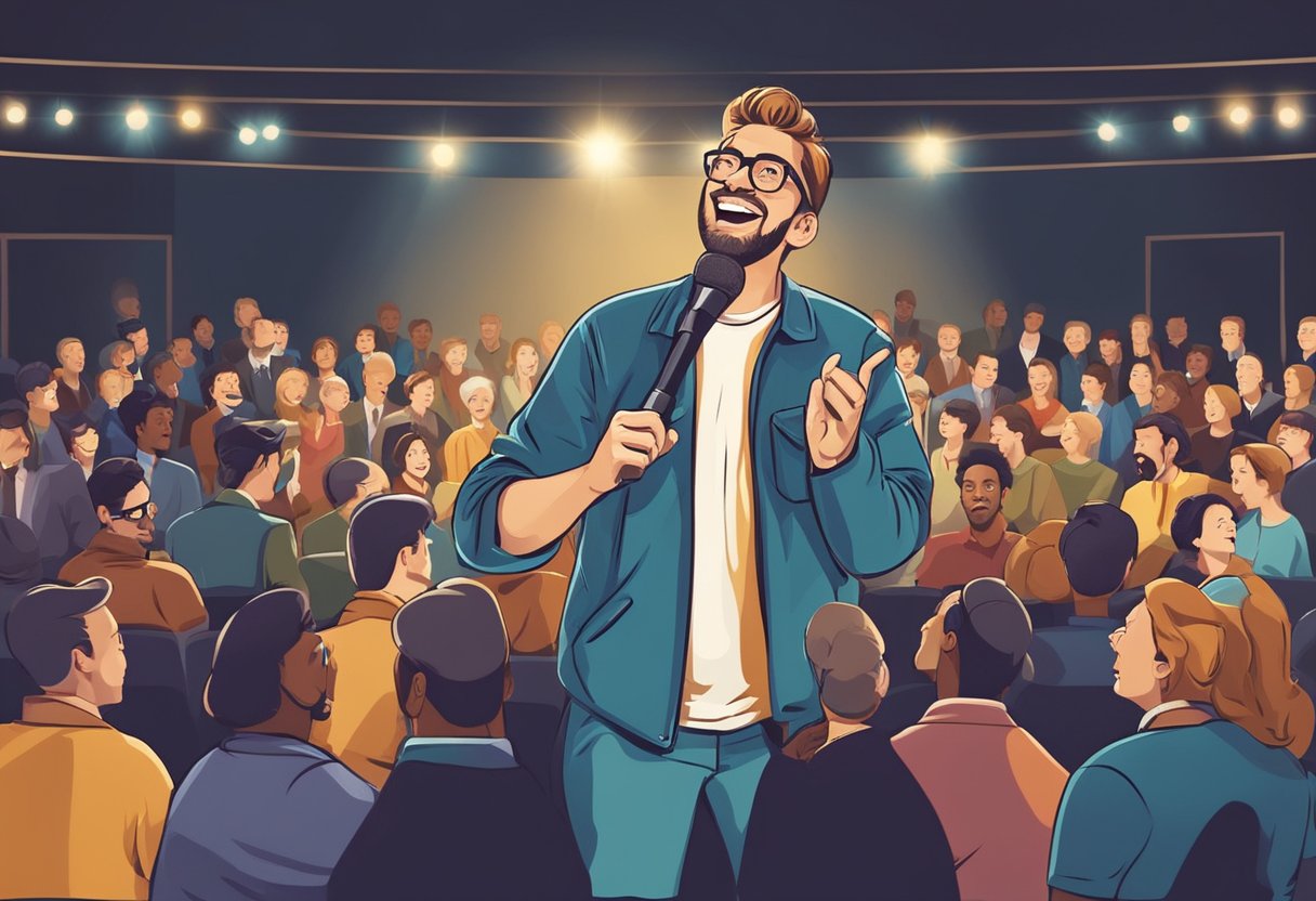 A spotlight shines on a mic center stage. Laughter erupts from the audience. A comedian gestures to the crowd, captivating them with their humor