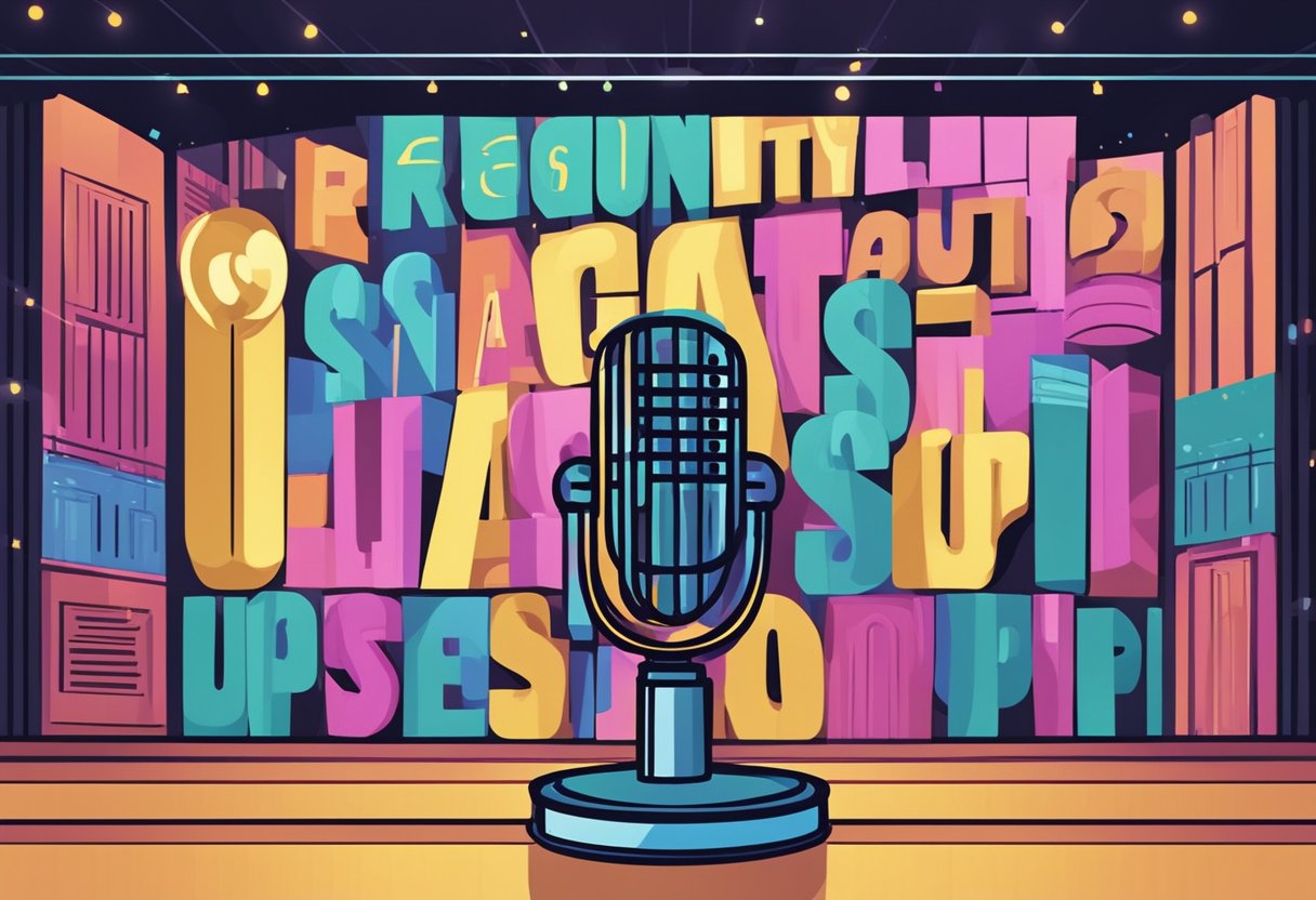A microphone on stage, with a spotlight shining down, and a sign that reads "Frequently Asked Questions stand up comedy singapore" in bold letters