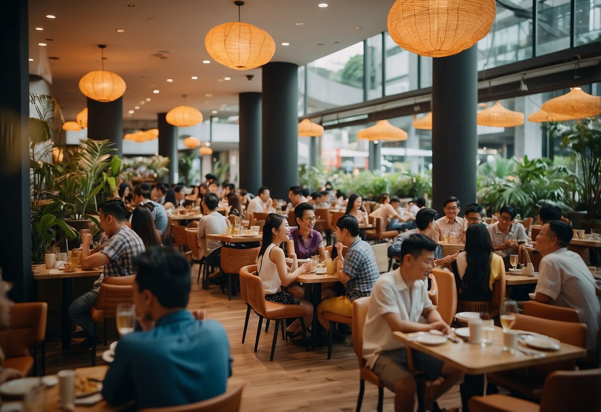 A bustling restaurant in Singapore with people enjoying their meals at discounted prices through the Eatigo app