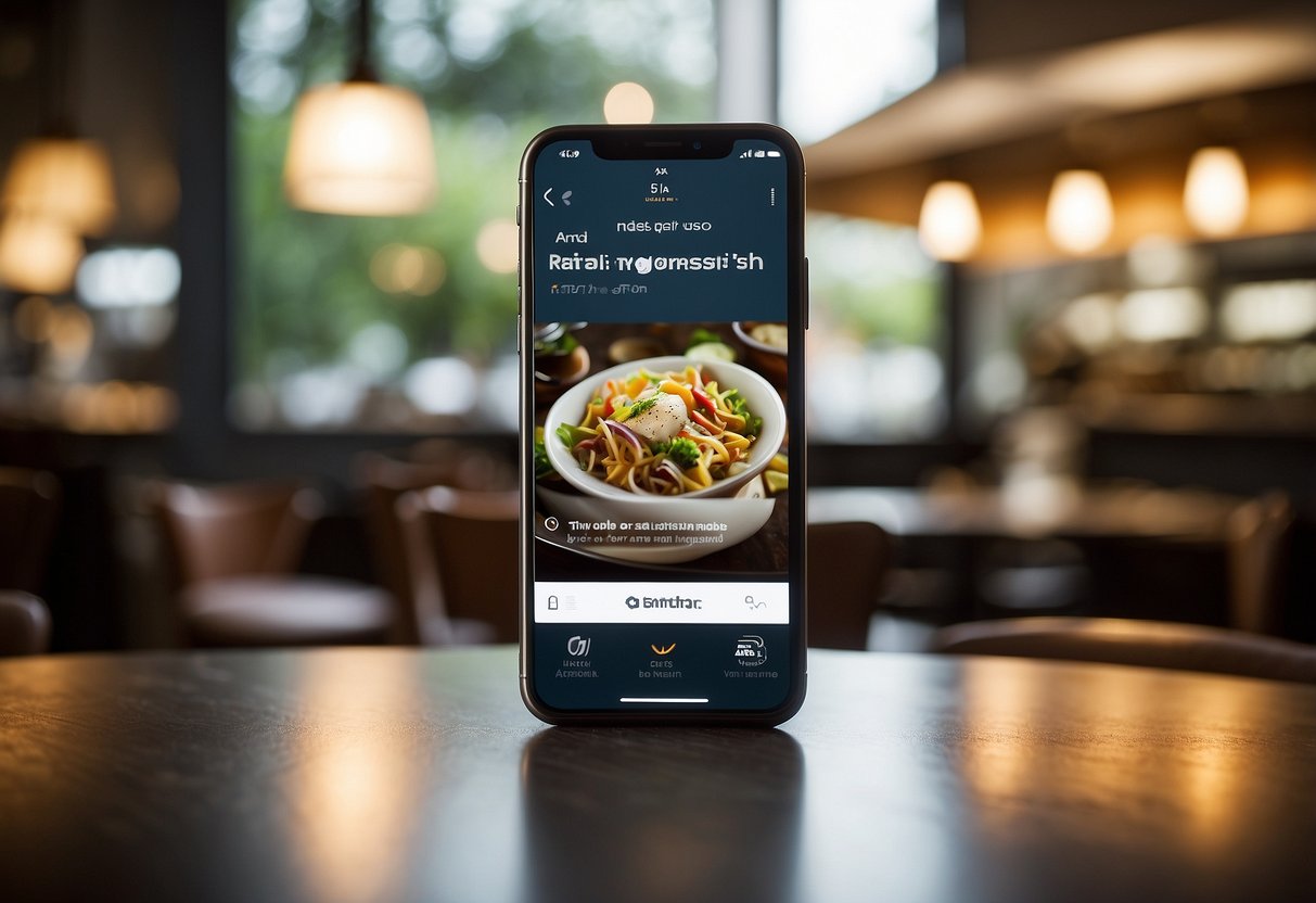 A smartphone displaying the Eatigo app with a restaurant listing, a clock icon, and a discount percentage