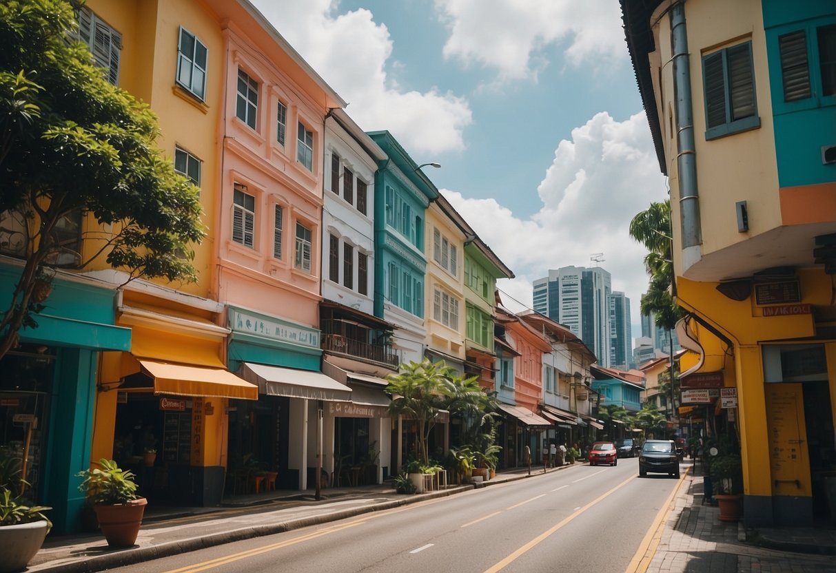 Colorful buildings line the streets of Colbar, Singapore, with vibrant signs and lush greenery creating a lively and inviting atmosphere