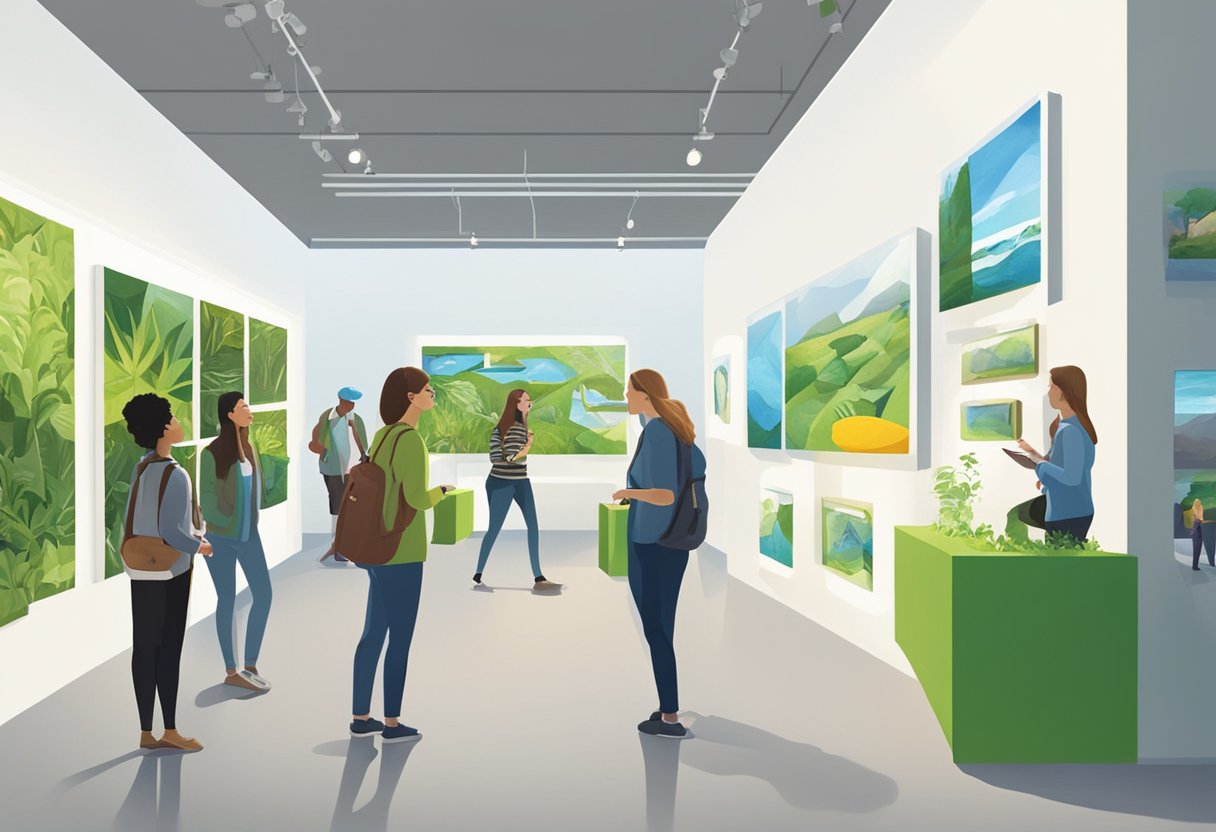 Visitors engage with interactive exhibits, learning about green initiatives and sustainable practices in a modern, well-lit gallery space