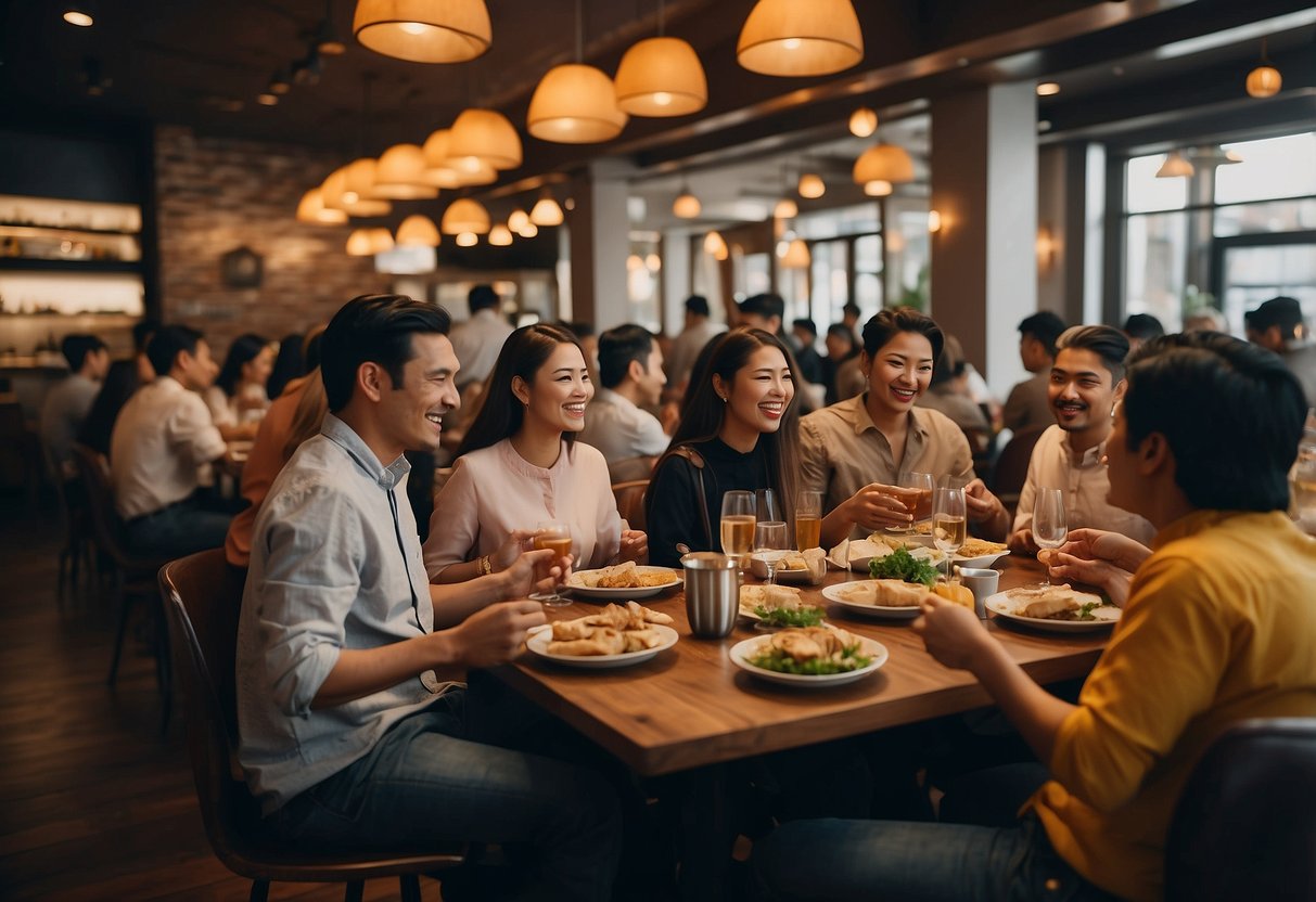 A bustling restaurant with diverse cuisines, crowded tables, and happy diners enjoying discounted meals through the eatigo app