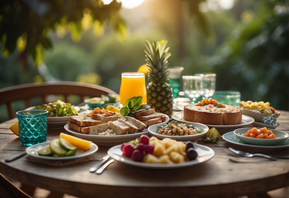 A table set with a spread of colorful dishes and drinks at Colbar, with the lush greenery of the surrounding area in the background