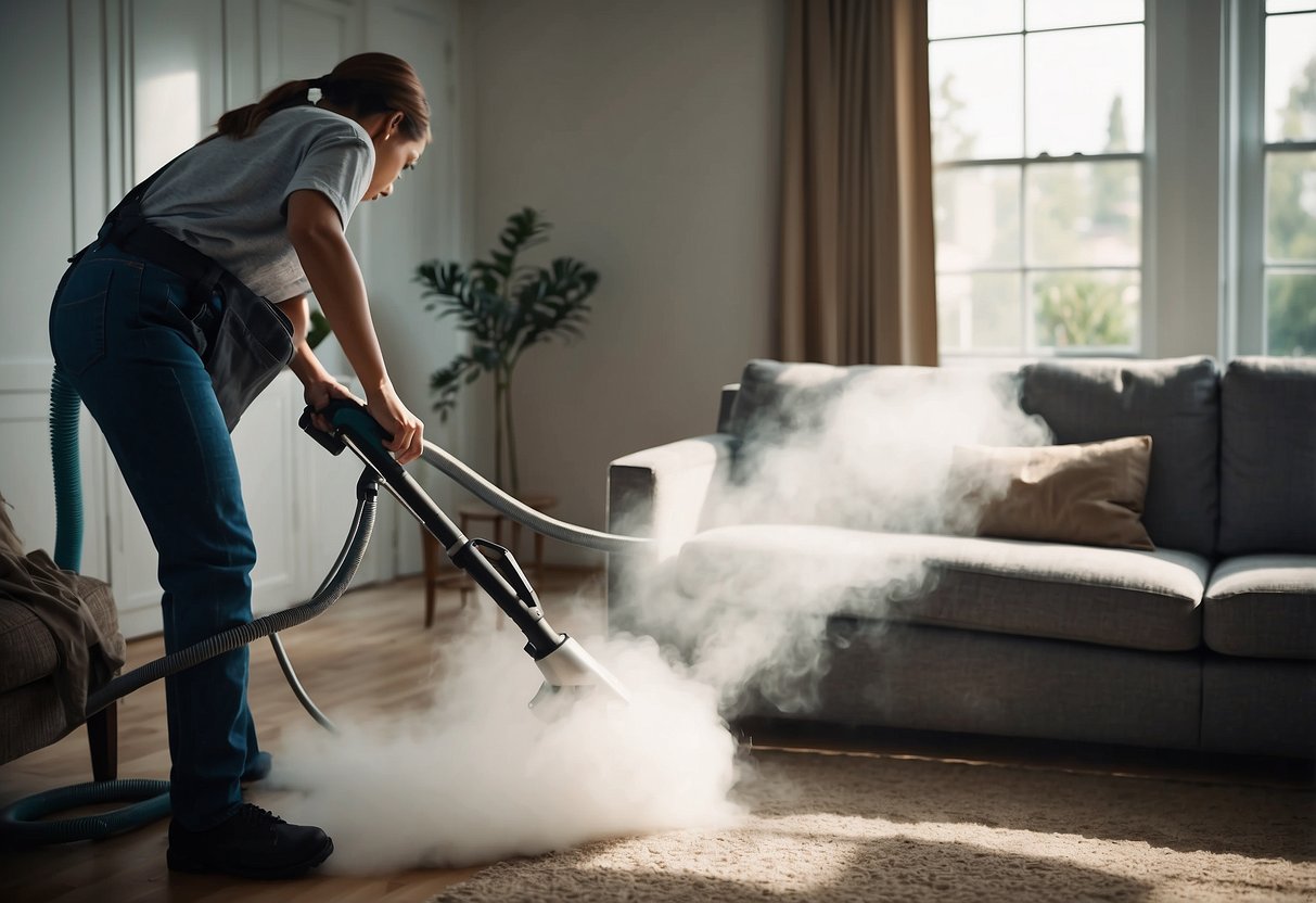 A professional cleaner is using a steam cleaner to deep clean a couch in a well-lit living room. The couch is being carefully and methodically cleaned, with the steam visibly lifting dirt and stains from the fabric