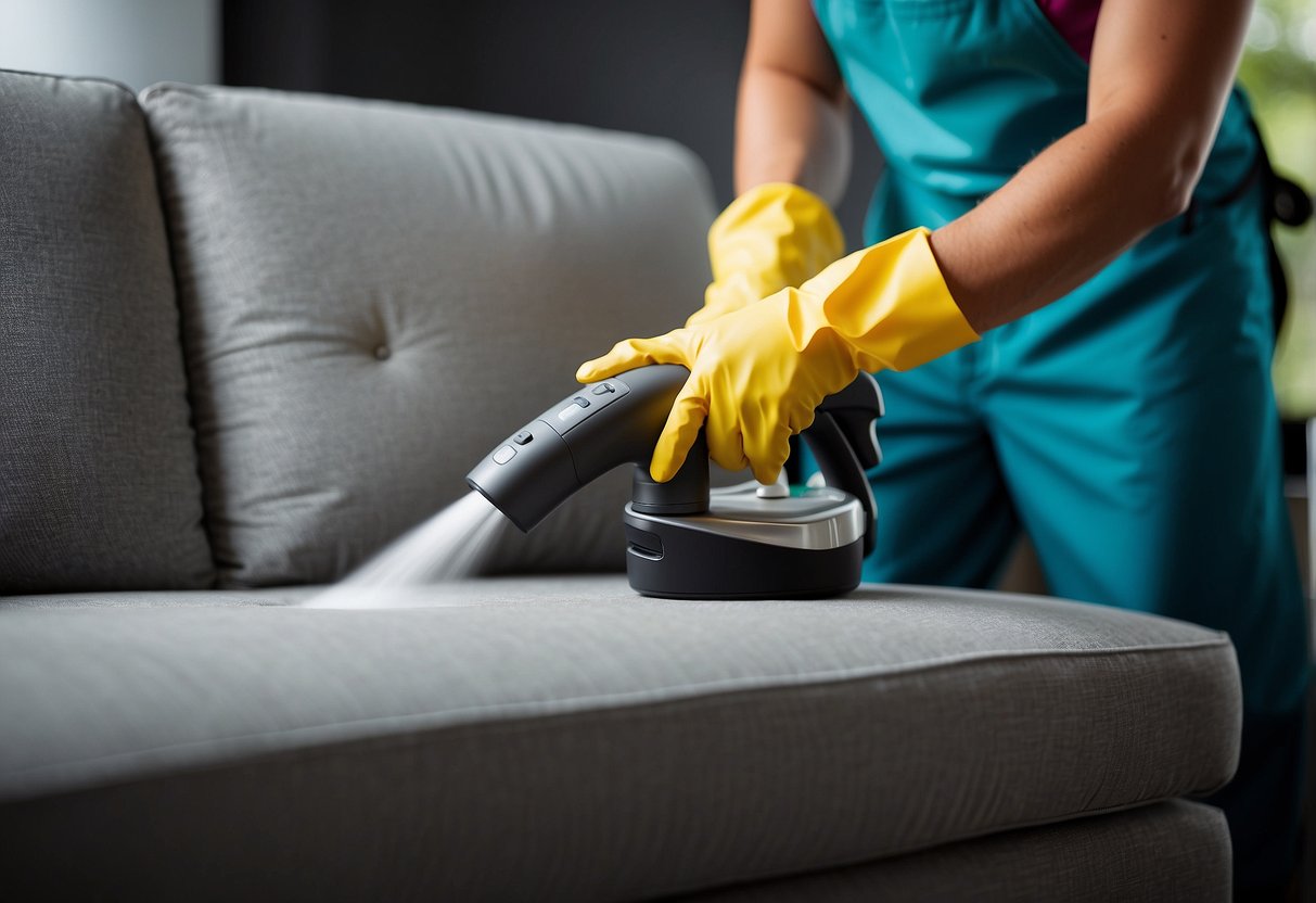 A professional cleaner sprays and vacuums a couch, removing dirt and stains