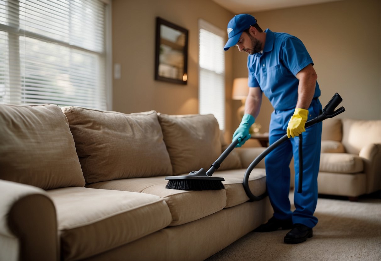 A professional cleaning technician uses specialized equipment to deep clean a dirty couch in a well-lit living room