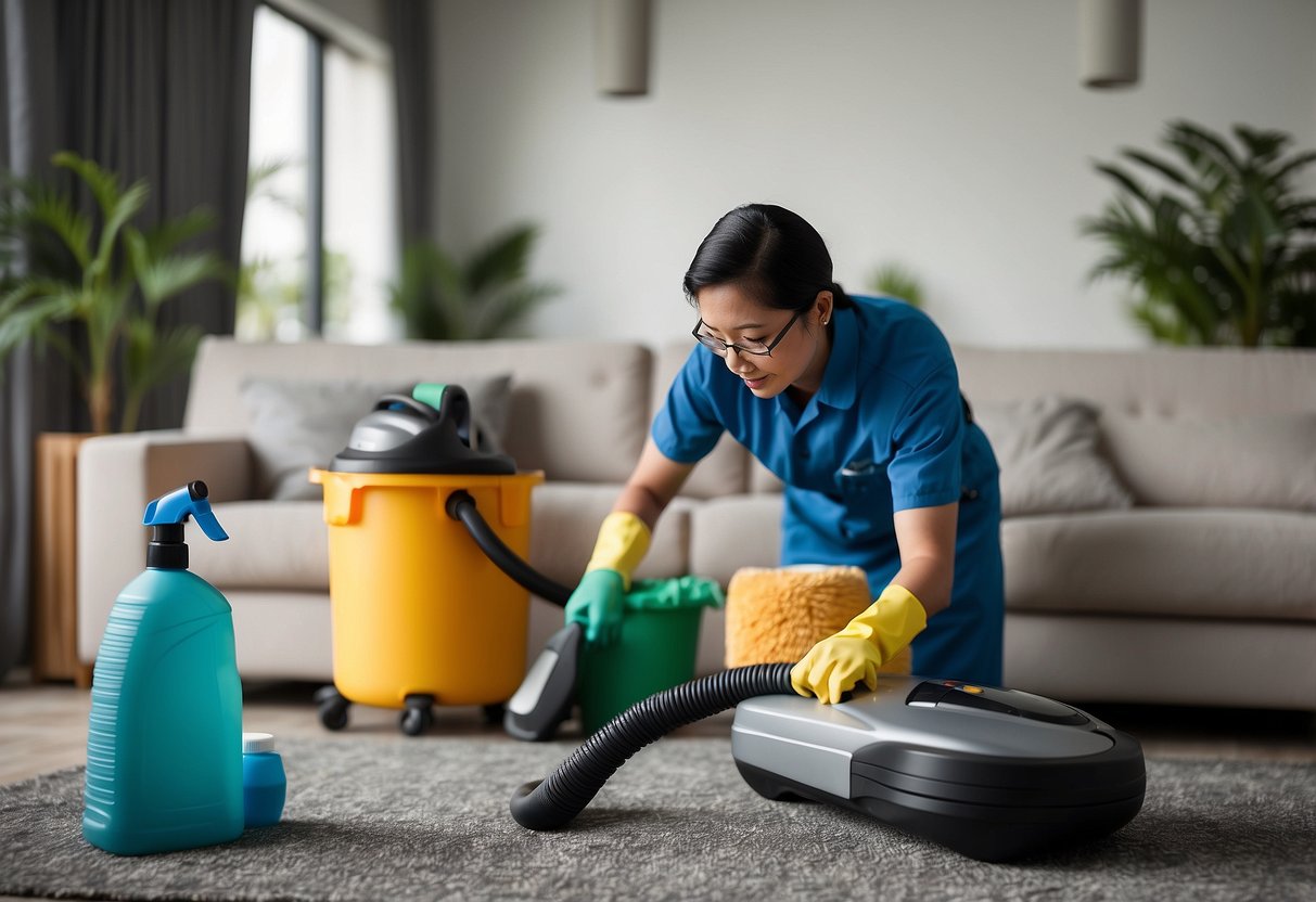 A professional cleaner using a vacuum on a couch, surrounded by cleaning products and equipment, with a sign reading "Frequently Asked Questions: couch cleaning singapore" in the background
