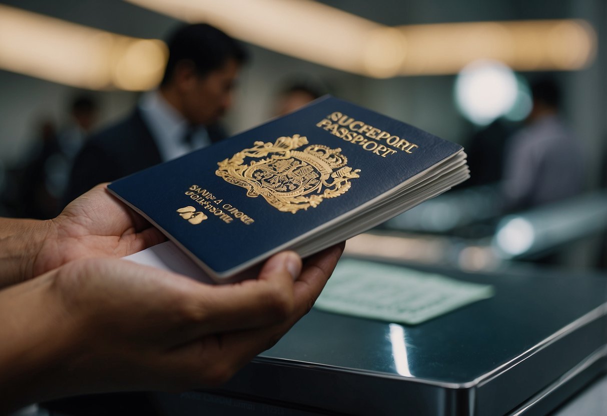 A Singaporean passport being handed over at a customs checkpoint