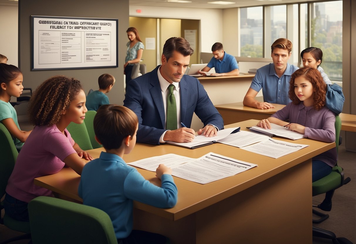 A family filling out forms at a government office, with a sign displaying "Dependant's Pass Eligibility and Application" in the background
