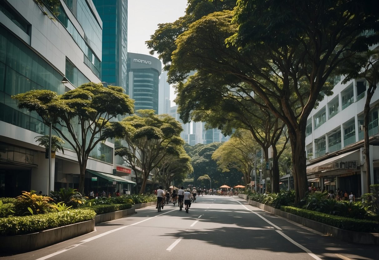 A bustling Singapore street with iconic buildings and lush greenery, showcasing the vibrant and diverse environment of the city