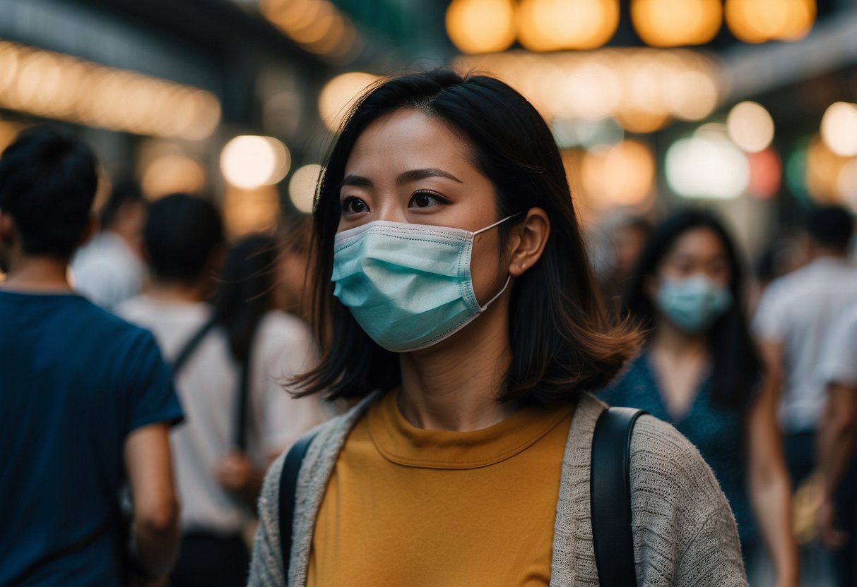 A person wearing a face mask in a bustling street in Singapore