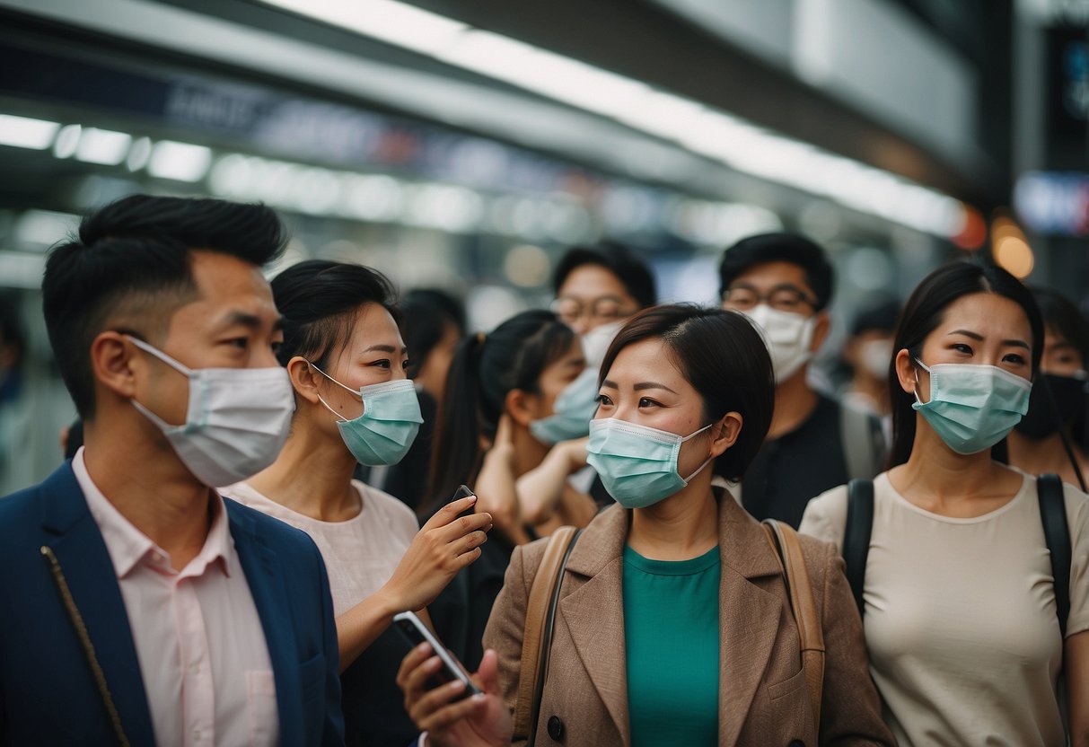 A diverse group of people in Singapore are wearing face masks in various settings, such as public transport, shopping malls, and outdoor spaces