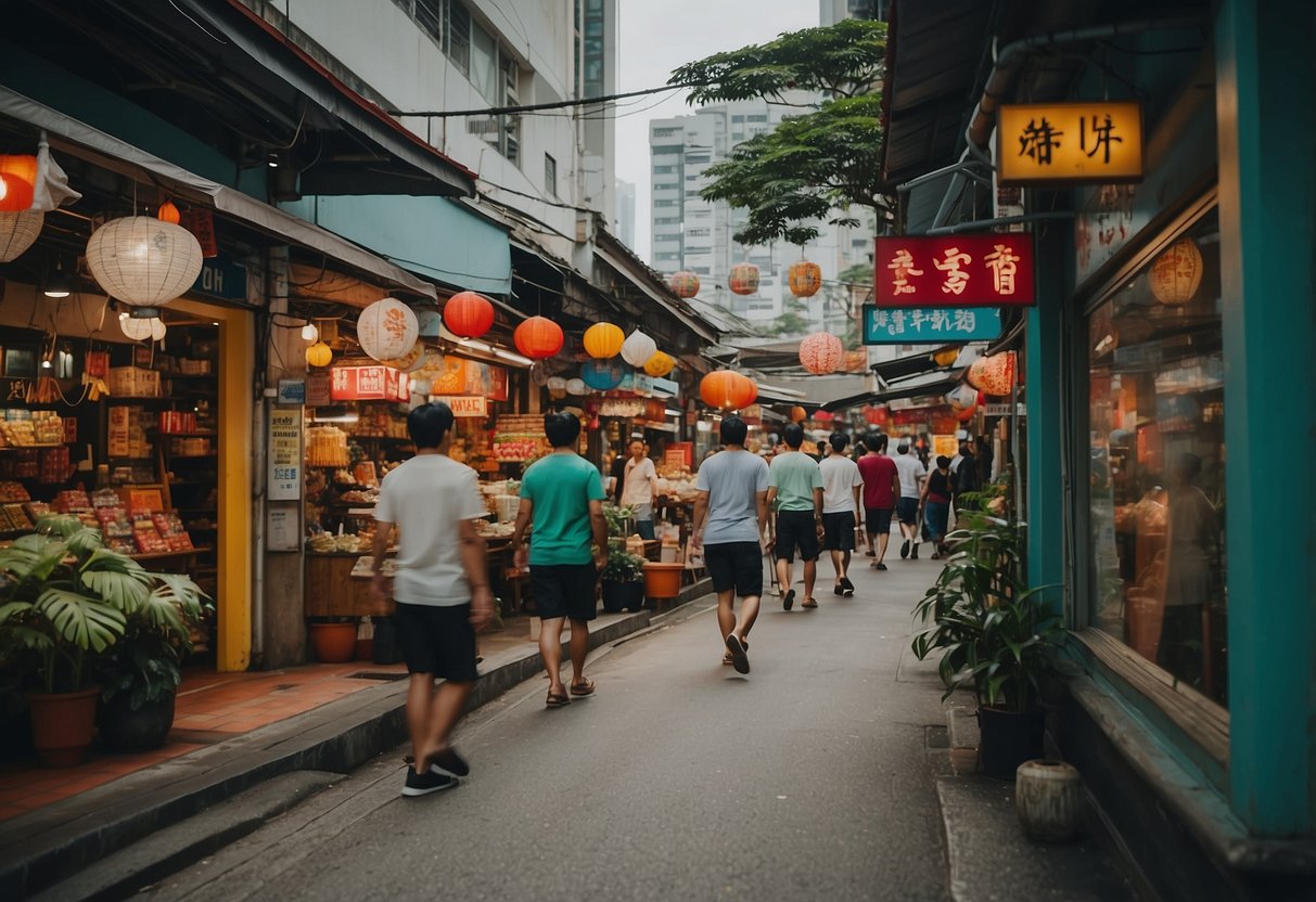 A bustling street in Element 14, Singapore, with vibrant storefronts and colorful signs, bustling with activity and energy
