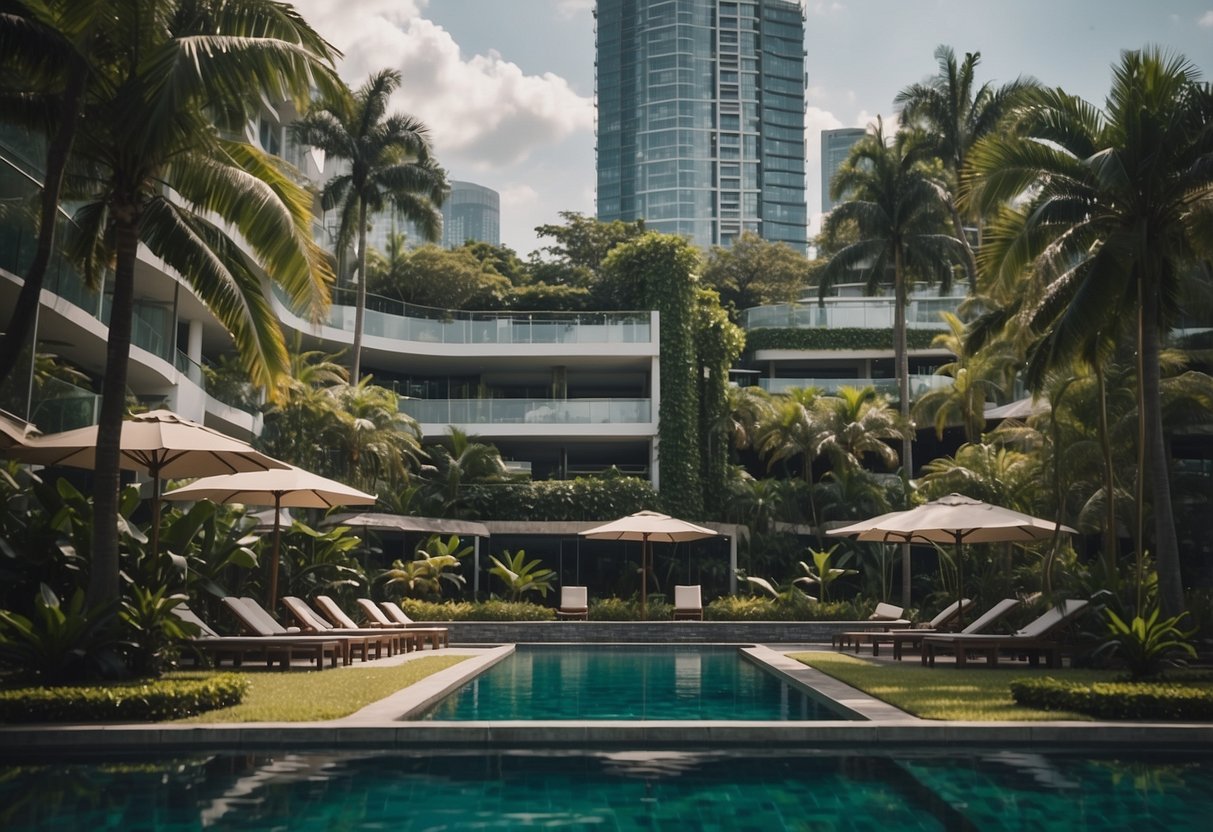 A modern high-rise building in Singapore, surrounded by lush greenery and palm trees, with a sparkling pool and outdoor seating area