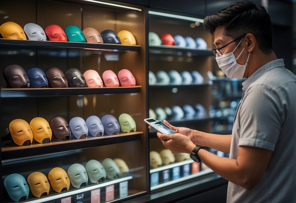 A person carefully compares and selects from a variety of face masks on display at a store in Singapore