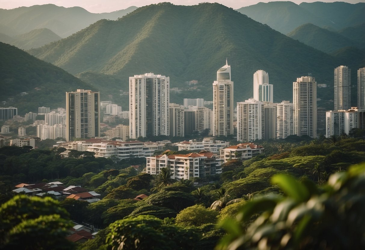 A bustling cityscape with various types of accommodation, including high-rise apartments, colonial-style shophouses, and modern hotels, surrounded by lush greenery and iconic landmarks