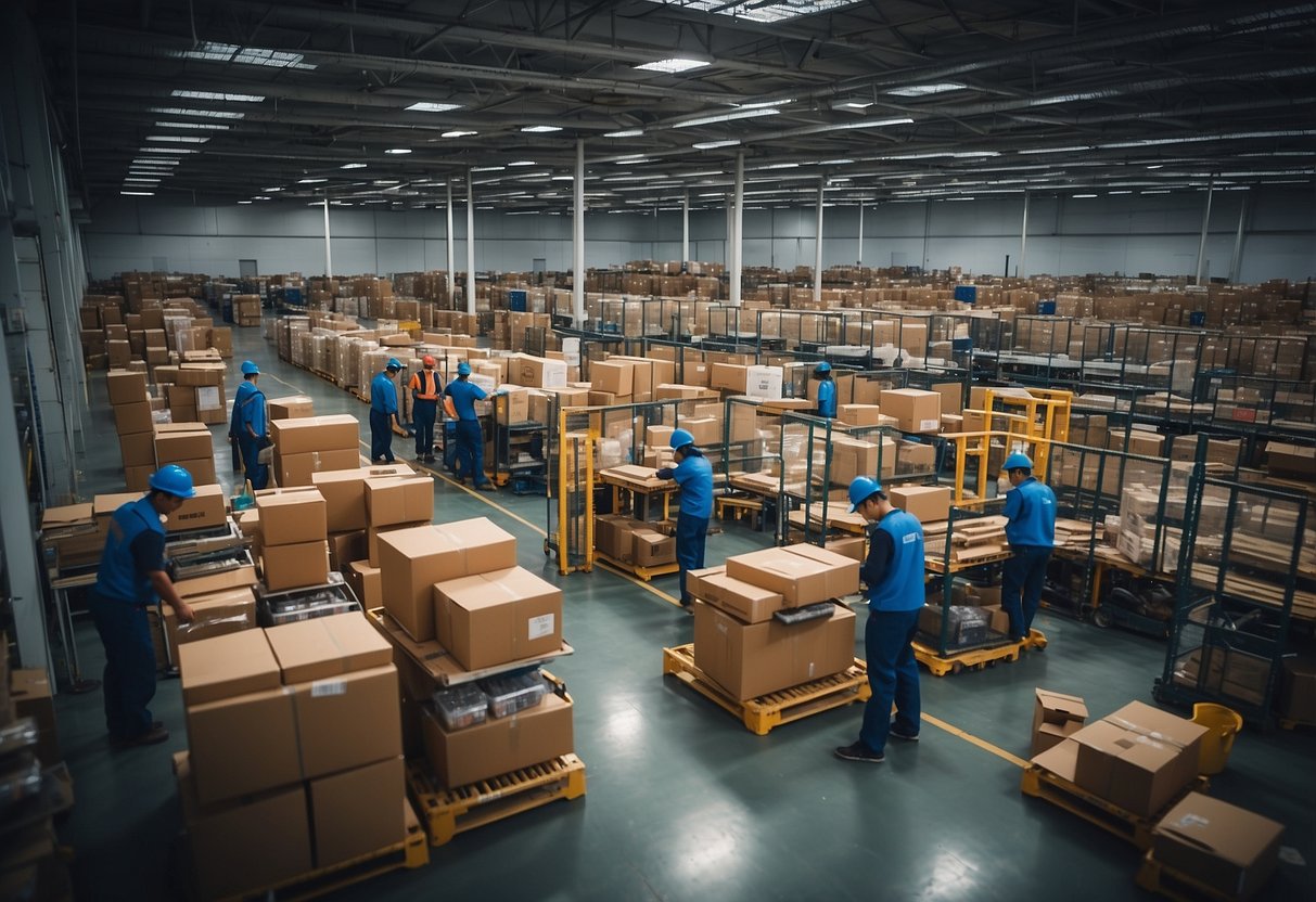 A bustling electronics warehouse in Singapore, with shelves filled with components and workers moving products