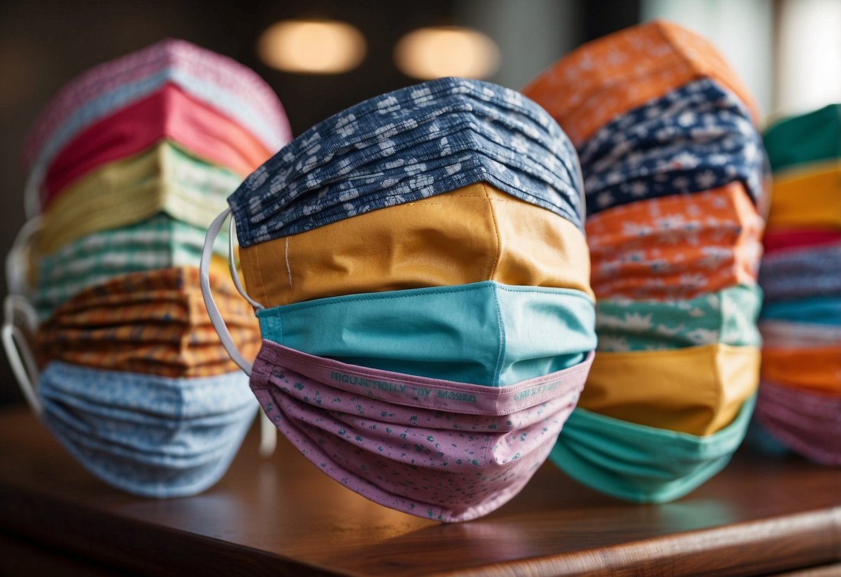 A stack of colorful face masks with "Frequently Asked Questions" printed on them