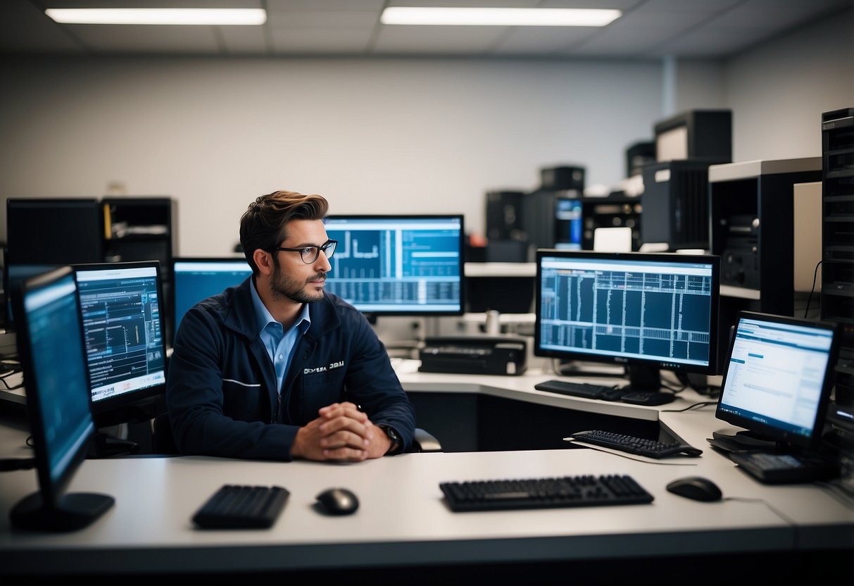 A technician in a bright, modern office setting, surrounded by computer equipment and resources, providing technical support