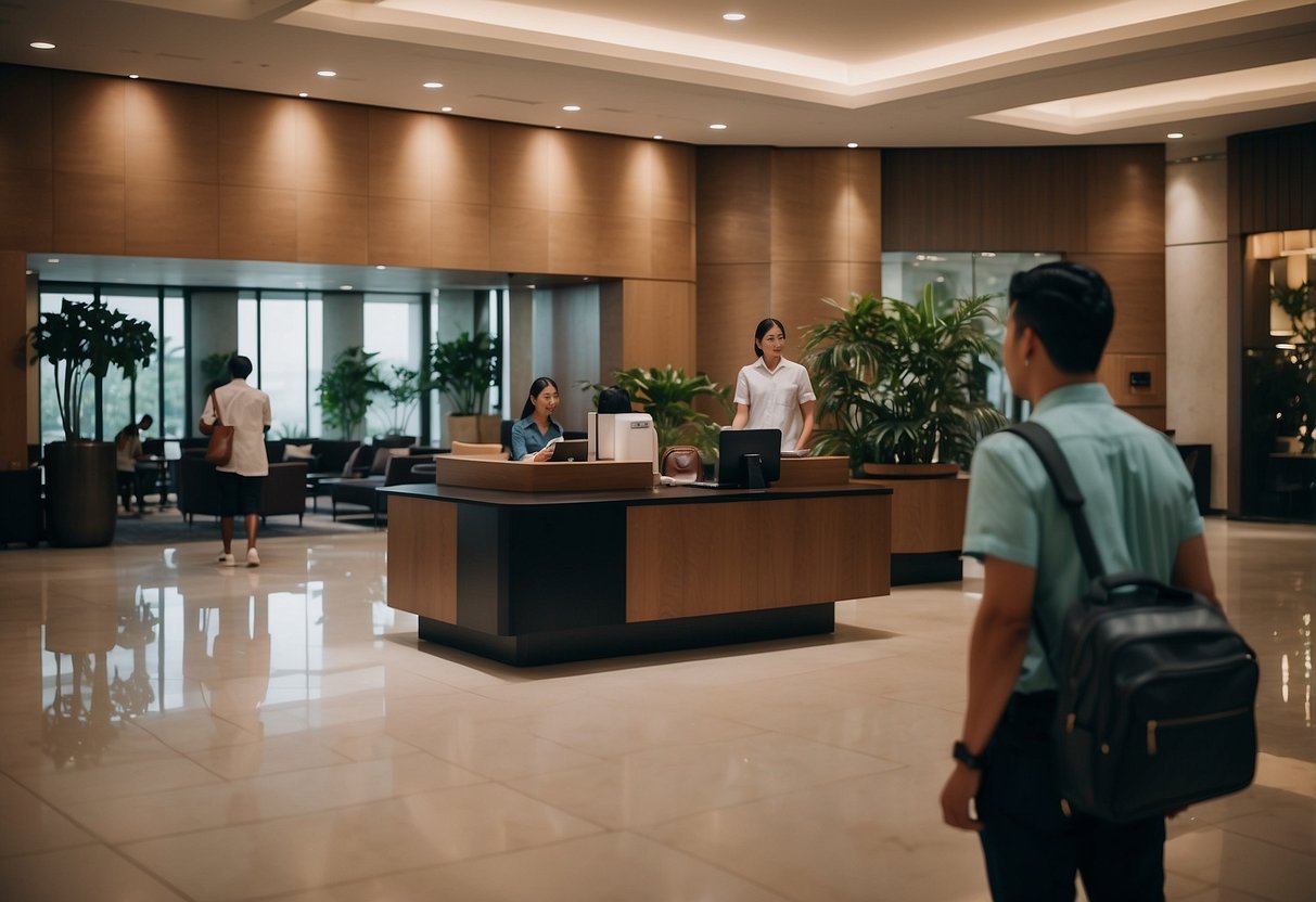 A bustling hotel lobby in Singapore with a reception desk, guests checking in, and staff assisting with luggage