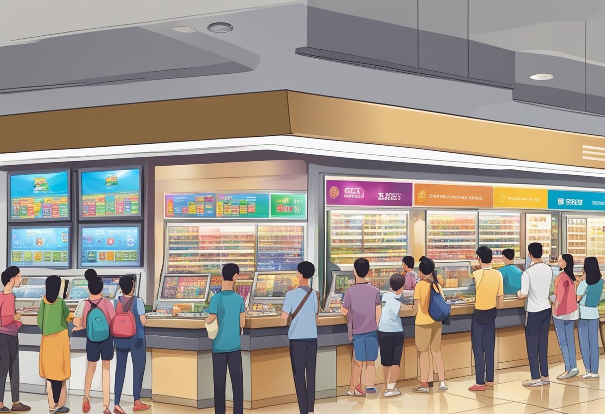 A bustling Singapore Pools outlet with colorful displays, digital screens, and a queue of customers eagerly placing their bets